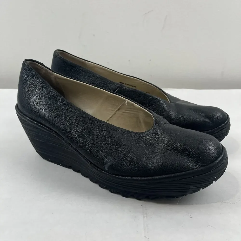 FLY London Yaz Black Leather Wedge Pumps Slip On EU 41 US 10 Made Portugal